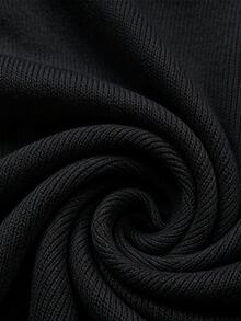 LUMIGAL Gaun Rajut Lengan Panjang Wanita Warna Polos dengan Kerah V dan Bahu Longgar serta Hiasan Renda di Bagian Bawah - Hitam - View 3