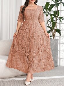 Reflora Plus Size Women's Lace Casual Romantic Elegant Party Wedding Formal Evening Dress Dusty Blue Summer - Dusty Pink - View 9