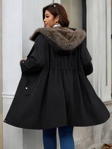 SHEIN Clasi Plus Size Women's Fur Collar Long Sleeve Drawstring Waist Casual Jacket - Black - View 2