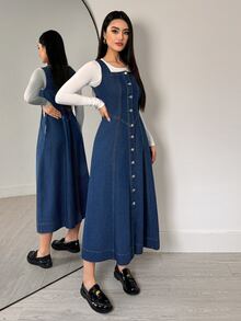 Flexra Early Autumn French Casual Sleeveless Denim Dress, 3D Stitching V-Neck Waist-Cinching Button-Front Vest Dress, Layering Outerwear Slimming Versatile Daily Travel Artistic Style Denim Dress - Dark Wash - View 4