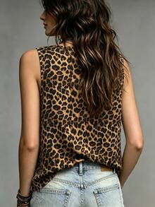 SHEIN Women's Casual Tank Top With Draped Neck, Metal Buckle Decor, Leopard Print, Versatile For Commute, Party, Date And Daily Wear - Brown - View 2