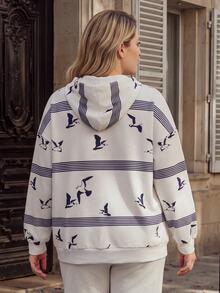 Miaspire Sweatshirt Wanita Ukuran Besar Motif Garis-garis Bahu Longgar Lengan Panjang Kasual dengan Saku dan Tali Serut, Cocok untuk Musim Gugur - MultiWarna - View 4