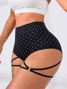 Slayform Seamless Yoga Polka Dot Shorts/Side Strap Design/Fashion Sexy/Versatile - Black - View 3