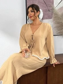 Lounesse Plus Size Women's Front Tie Long Sleeve Shirt And Wide Leg Pants Casual 2 Pieces Set - Mocha Brown - View 5