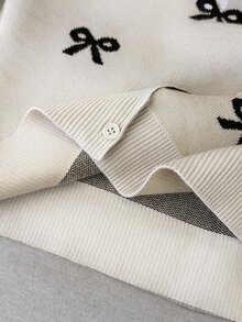 SHEIN 青少年女孩開襟衫 秋冬杏色圓領蝴蝶結提花長袖毛衣外套，學院風針織夾克，返校穿搭 - 杏色 - 查看 6