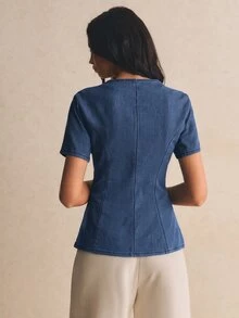 Poéselle Women's Round Neck Metal Single-Breasted Short Sleeve Denim Top - Medium Wash - View 2