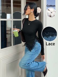 Serisse Women's Solid Color Round Neck Long Sleeve Contrast Lace Asymmetric Hem Slim Fit T-Shirt - Black - View 5