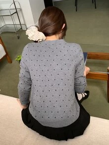 DAZY Women's V-Neck Lace Patchwork Polka Dot Casual Knit Cardigan Fall - Dark Grey - View 8