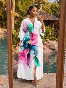 SHEIN Lady CURVE 大尺碼女款花卉印花開衩下擺時尚度假洋裝 - 彩色 - 查看 4