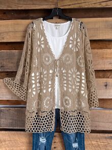 Rusticease Plus Size Hollow Knit Lace-Up Thin Cardigan - Camel - View 6
