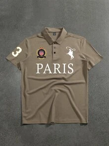PAVTROS 男士騎士圖案與字母印花短袖 Polo 衫 - 卡其色 - 查看 1