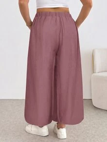 Shapeblank Plus Size Women's Solid Color Waist Button Design Wide Leg Casual Pants - Red Violet - View 2