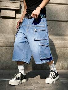 Manfinity EMRG Men's Loose Casual Denim Wide Leg Cargo Shorts - Blue - View 3
