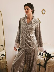 Côtesoire South France Elegant Romantic Leopard Print Open Front Long Sleeve Long Pants Women's Pajama Set - Apricot - View 5