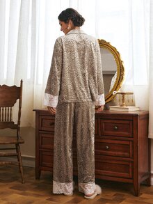 Côtesoire South France Elegant Romantic Leopard Print Open Front Long Sleeve Long Pants Women's Pajama Set - Apricot - View 2