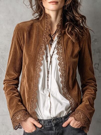SHEIN Maillard Vintage Casual Stand Collar Lace Patchwork Corduroy Regular Fit Jacket, Ruffled Cuffs Slim Fit Cardigan