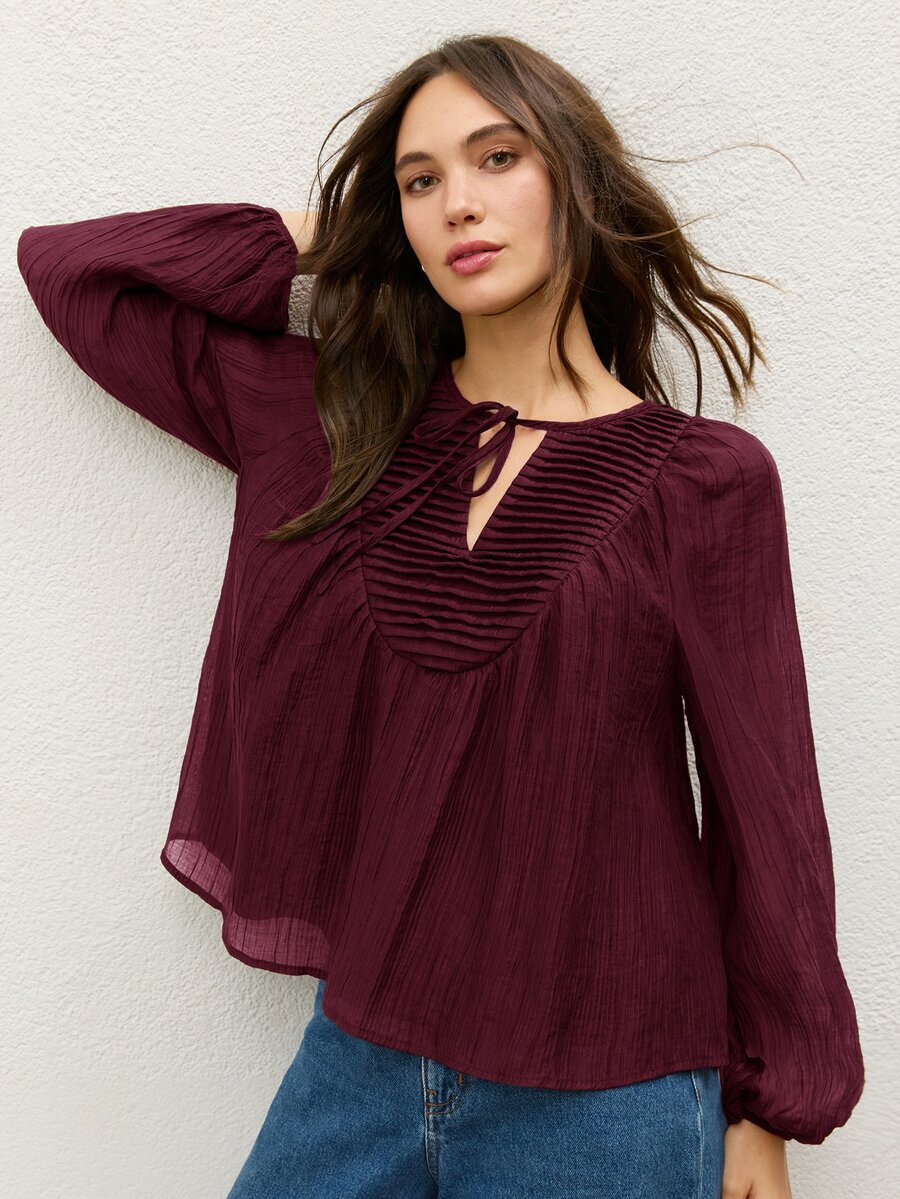 COSMINA Women's Pleated Balloon Sleeve Chiffon Blouse Brunch Everyday Burgundy Autumn Elegant Boho - Burgundy - View 1