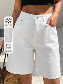 DAZY 夏季新款舒適休閒寬鬆女款牛仔短褲 - 白色 - 查看 1