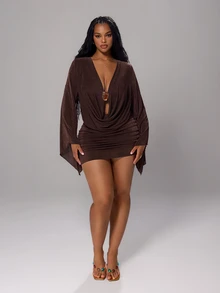 Rustia Plus Size Fashionable Cowl Neck Ruched Bodycon Sexy Elastic Dress - Brown - View 7
