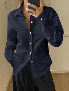 DAZY 女款純色收腰長袖領口優雅正式春夏襯衫 - 藏蓝色 - 查看 5