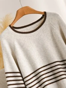 CosyJoli Plus Size Women Brown Striped Crew Neck Dolman Sleeve Pullover Sweater Simple Casual Autumn Winter Top - Multicolor - View 4