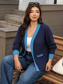 Easowa Curve 女款拼色休閒百搭日常穿搭開襟衫 - 藍色 - 查看 6