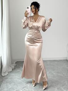 Elenzga Women's Solid Color V-Neck Pleated Elegant Waist-Cinching Party Dress - Champagne - View 4