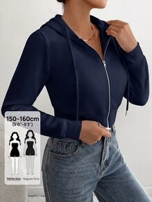 SHEIN PETITE 女款拉鍊連帽短款運動衫，長袖上衣，畢業季與返校穿搭 - 藏蓝色 - 查看 4
