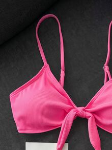 SHEIN Swim 女款兩件式比基尼泳衣套裝，雙肩帶設計，玫瑰紅羅紋布料，適合海灘、島嶼度假、泳池派對、休閒百搭 - 玫紅色 - 查看 4