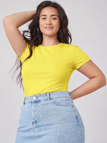 SHEIN BASICS Camiseta de Verano de Cuello Redondo Sólida Ajustada Talla Grande - amarillo ganso - Ver 5