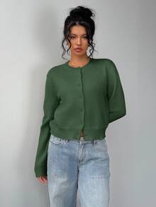 SHEIN BASICS 女款休閒純色圓領長袖寬鬆短版黑色針織開襟外套 冬季外套 - 墨綠色 - 查看 3