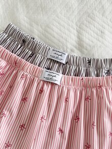 Napfluff 2pcs Women's Minimalist Fashion Striped Bow Print Waistband Elastic Waist Straight Leg Long Pajama Pants 2-Piece Set - Multicolor - View 5
