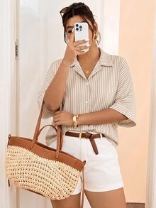 SHEIN Frenchy 大尺碼女款條紋休閒百搭日常穿著襯衫 - 彩色 - 查看 3