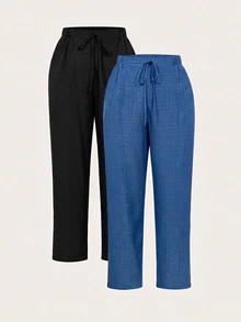 SHEIN Essnce Plus Size Casual Elegant Baggy Solid Color Pants Women Summer Formal Vacation Black Sky Blue - Multicolor - View 2