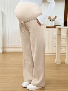 SHEIN Maternity Solid Color Adjustable Waist Straight Leg Casual Pants - Khaki - View 4