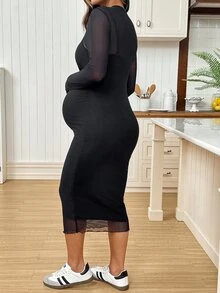 SHEIN High-Stretch Mesh Casual Maternity Dress,Maternity Summer Fashion Mesh Bodycon Dress,Autumn Fall - Black - View 2