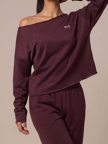 SHEIN BAE Women Burgundy Letter Print Off Shoulder Long Sleeve Sports Sweatshirt Gym Workout Training Running Yoga Athletic Activewear - Red Violet - View 1