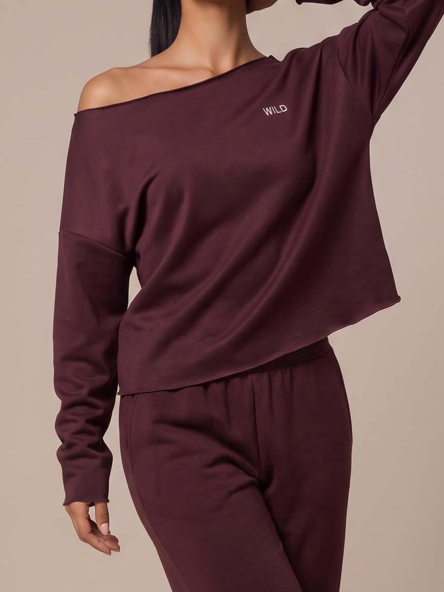 SHEIN BAE Women Burgundy Letter Print Off Shoulder Long Sleeve Sports Sweatshirt Gym Workout Training Running Yoga Athletic Activewear - Red Violet - View 1