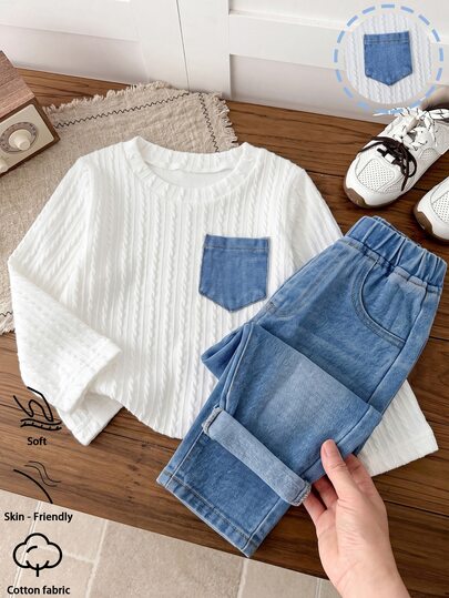 SHEIN Baby Boys Fall Winter Textured Cable Knit Crew Neck Top With Denim Pocket & Light Wash Elastic Waist Denim Pants Outfit