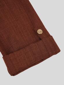 Linhara CURVE Plus Size Women Spring/Autumn Solid Color Faux Linen Open Front Button-Up Double Pocket Casual Elegant Commute Blazer + Elastic Waist Pocket Loose Long Pants Music Festival Club 2-Piece Set - Brown - View 8
