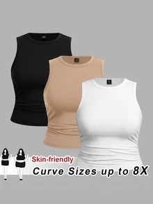 SHEIN CURVE+ 3pcs Plus Size Solid Color Casual Round Neck Camisole Tank Top Set All, Fall Winter 2026 22W - Multicolor - View 1