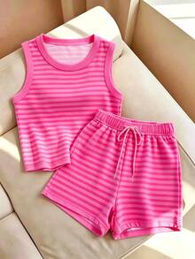Franclia Women's Striped Round Neck Tank Top And Drawstring Waist Shorts Casual Set - Hot Pink - View 1