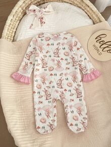 SHEIN Newborn Baby Cute Rabbit Print Ruffle Trim Romper Loungewear - Pink - View 2