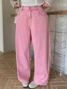Dazy Plus Pink Korean Style Loose Curved Leg Jeans With Pocket Decoration, Casual Denim Pants For Girls, Spring And Autumn - Pink - View 6