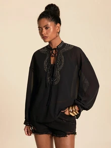 Travachic Women's Elegant Heavy Embellished Daily Commute Versatile Rhinestone Chiffon Semi-Sheer Long Sleeve Loose Blouse - Black - View 5