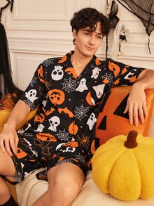Provexi Provexi Halloween Men's Lapel Collar Open Front Short Sleeve Shorts Pajama Set - Multicolor - View 7