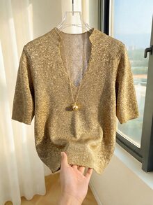 SHEIN 新款春秋極簡閃光線條羅紋針織女款T恤 缺口領V領中袖復古修身款 - 杏色 - 查看 5