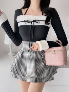 FRIFUL Women's Bowknot Decor Contrast Color Long Sleeve Fashion T-Shirt - Black - View 7
