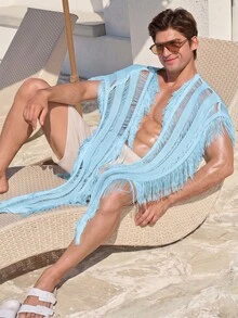 Ironwick Desain Fashion Baru Eropa & Amerika, Warna Polos, Kardigan Santai untuk Liburan, Kasual, dan Berumbai, Kemeja Pantai Bohemian Pria dengan Bagian Depan Terbuka - Biru - View 7