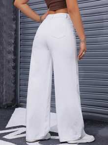 SHEIN PETITE White High-Waist Straight Leg Denim Jeans - White - View 3